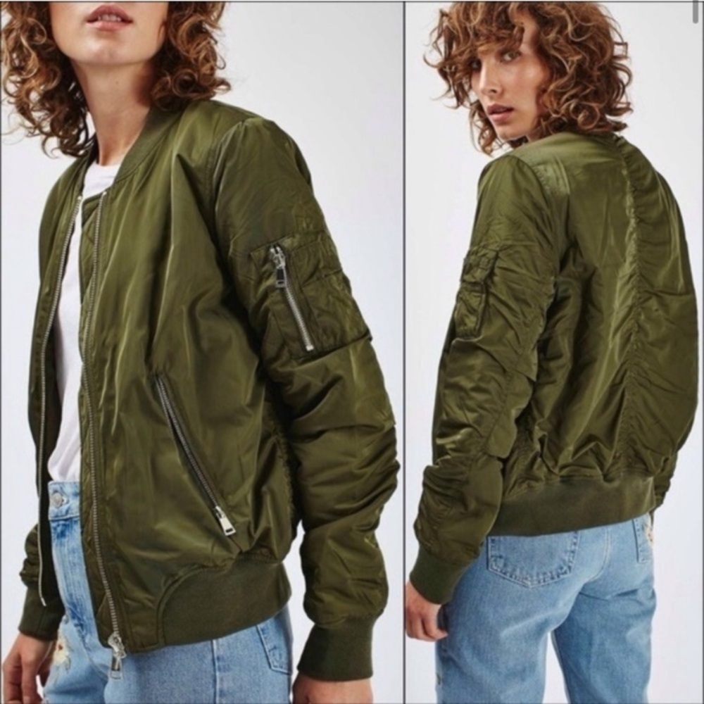 Perfect condition Topshop II Olive Satin Bomber jacket size 4
